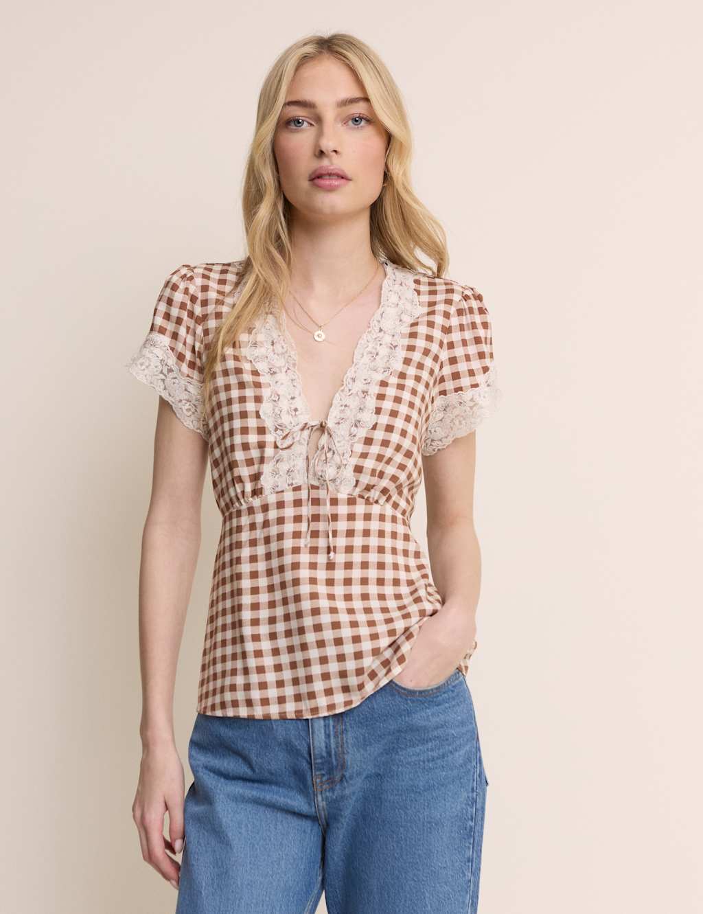 Nobody's Child Women's Gingham Lace Trim Blouse - 8 - Brown - Available at M&S