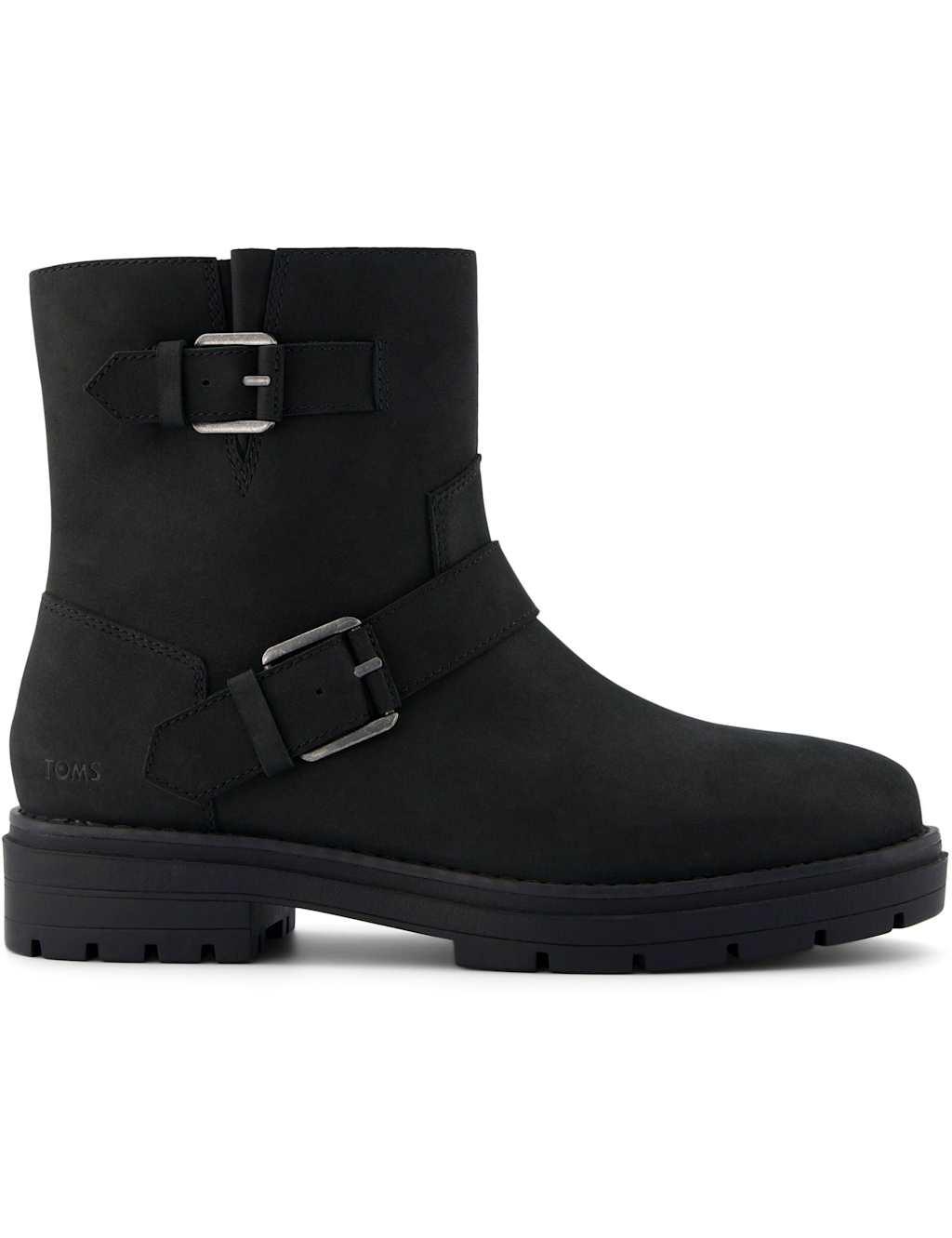 TOMS Leather Biker Buckle Flat Ankle Boots Black