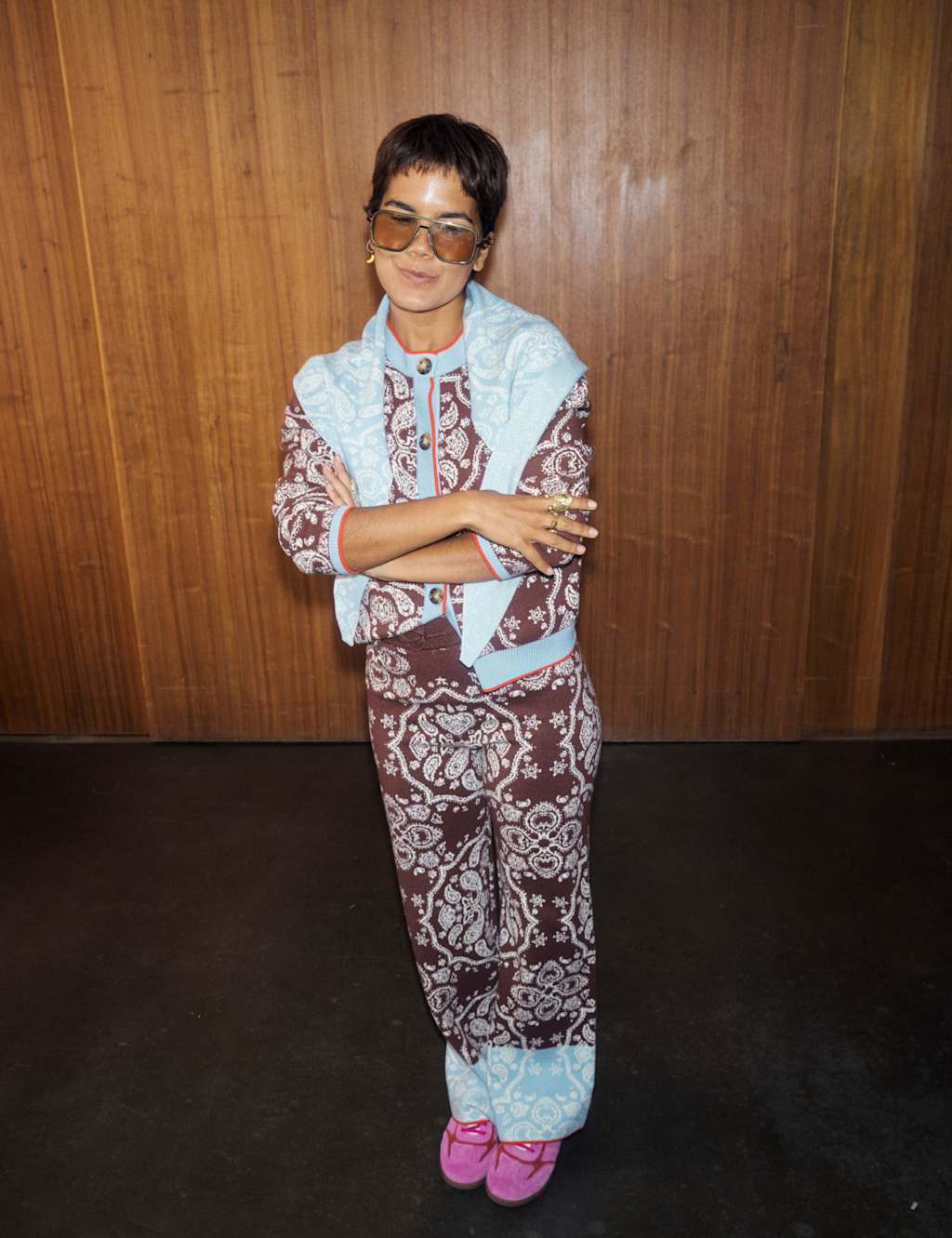 Never Fully Dressed Jacquard Paisley Crew Neck Relaxed Cardigan Brown