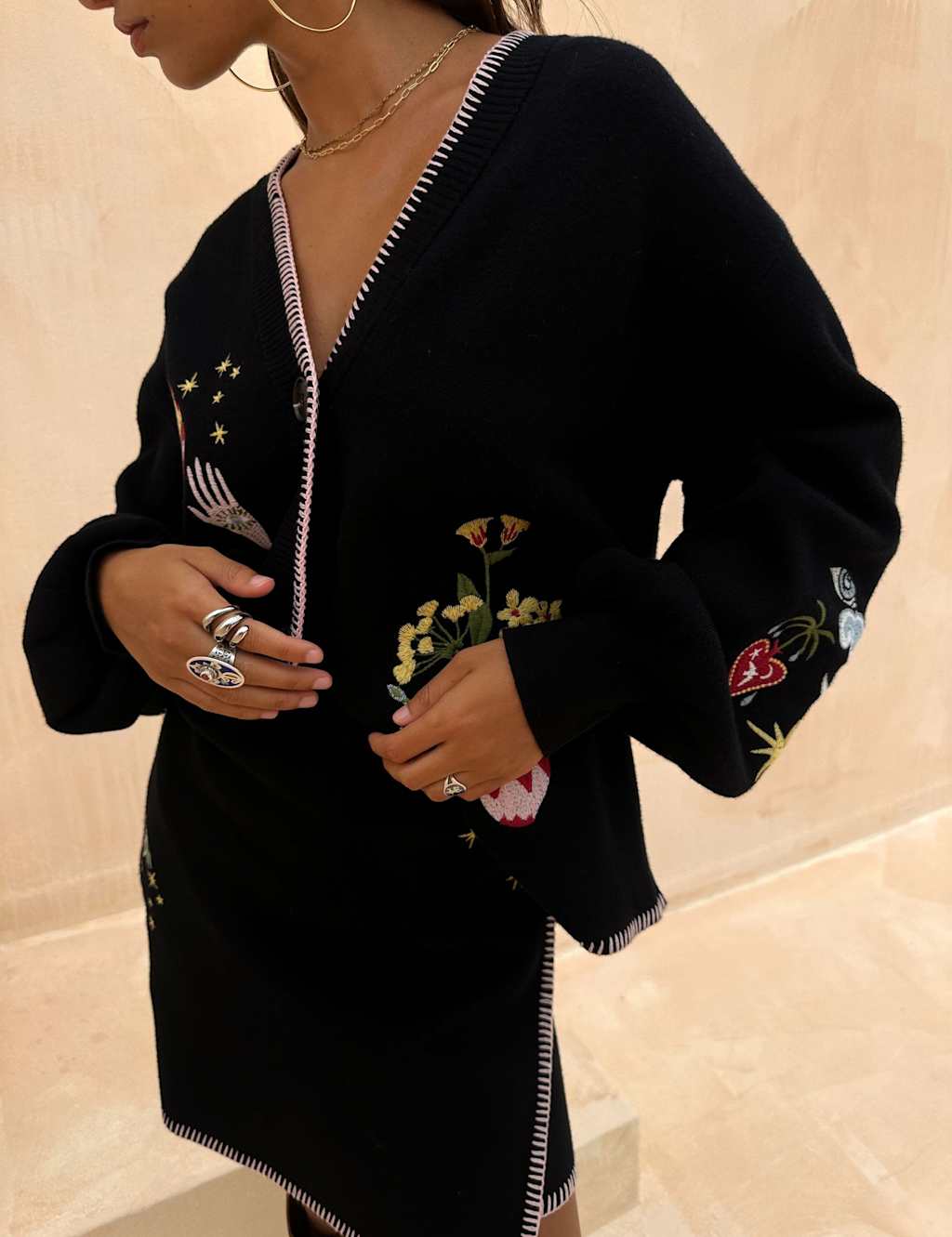 Never Fully Dressed Embroidered V-Neck Relaxed Cardigan Black