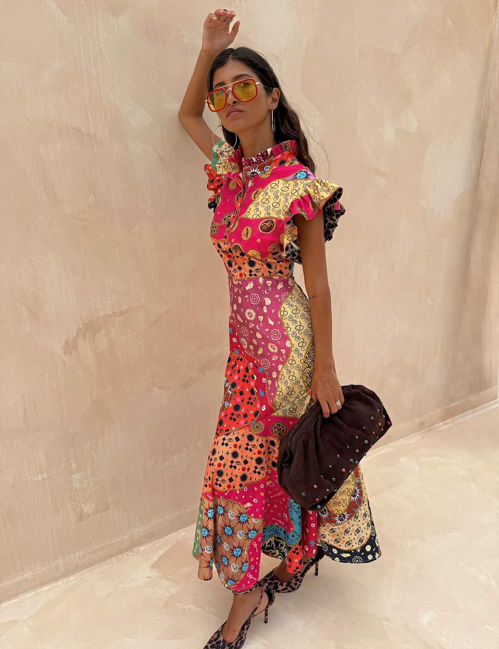 Never Fully Dressed Printed High Neck Maxi Waisted Dress Multi