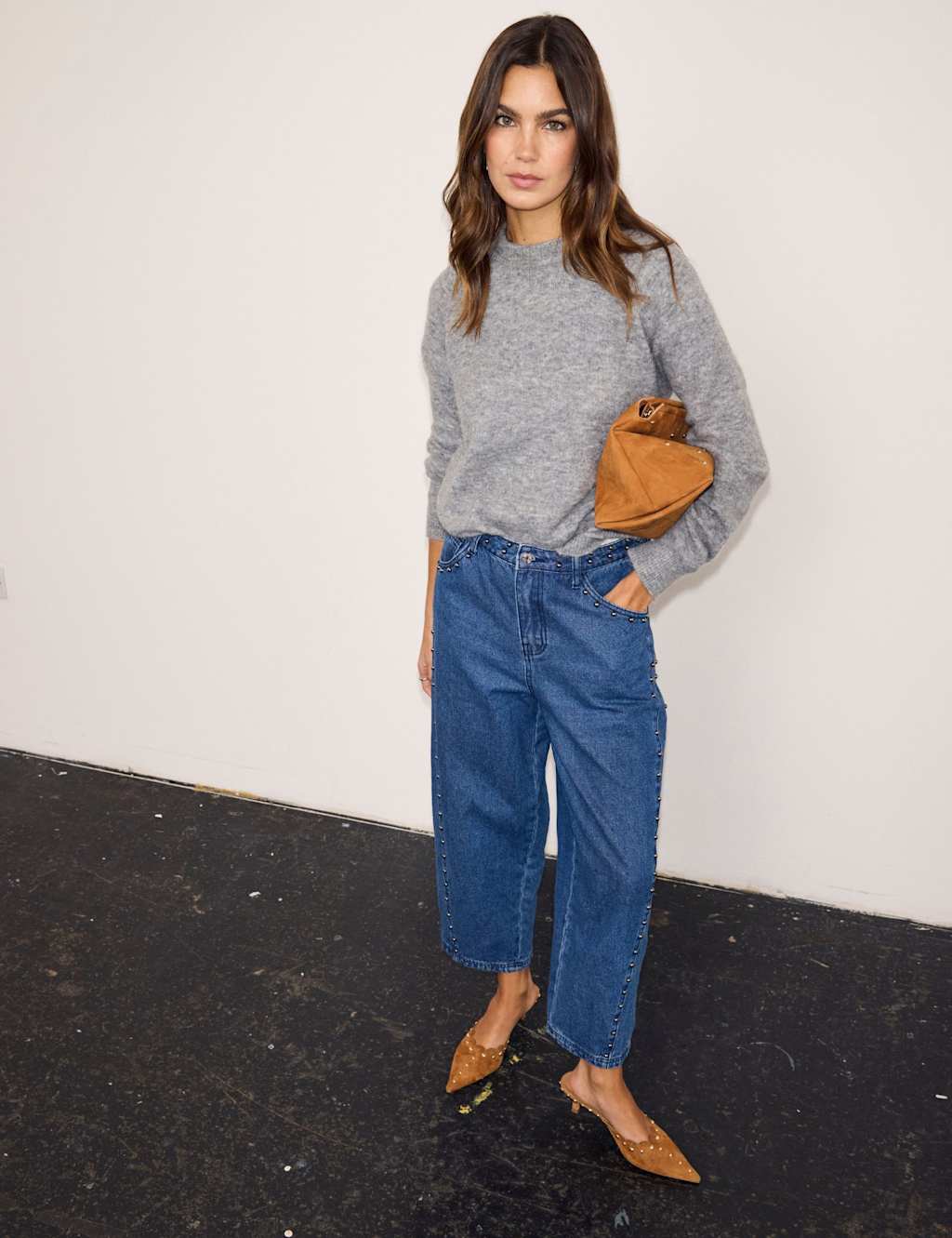 Never Fully Dressed Mid Rise Stud Detail Barrel Leg Jeans Blue