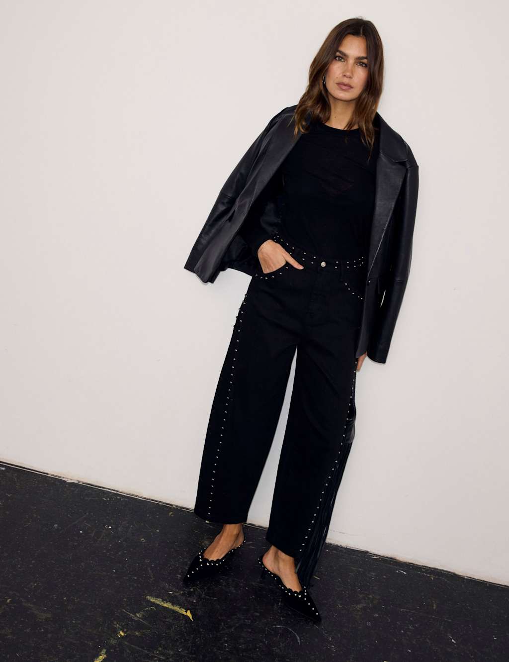 Never Fully Dressed Mid Rise Stud Detail Barrel Leg Jeans Black