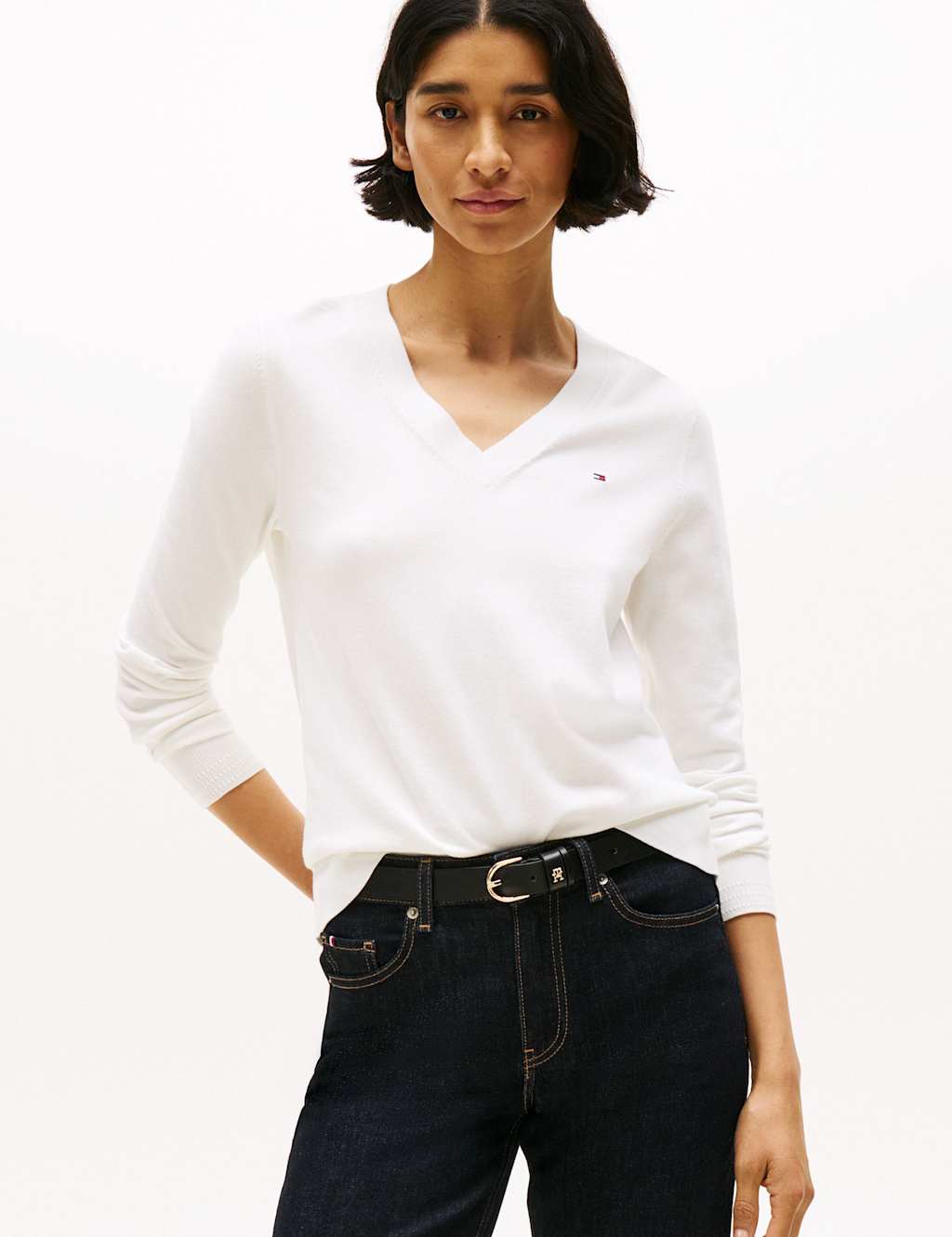 Tommy Hilfiger Cotton Rich V-Neck Jumper White