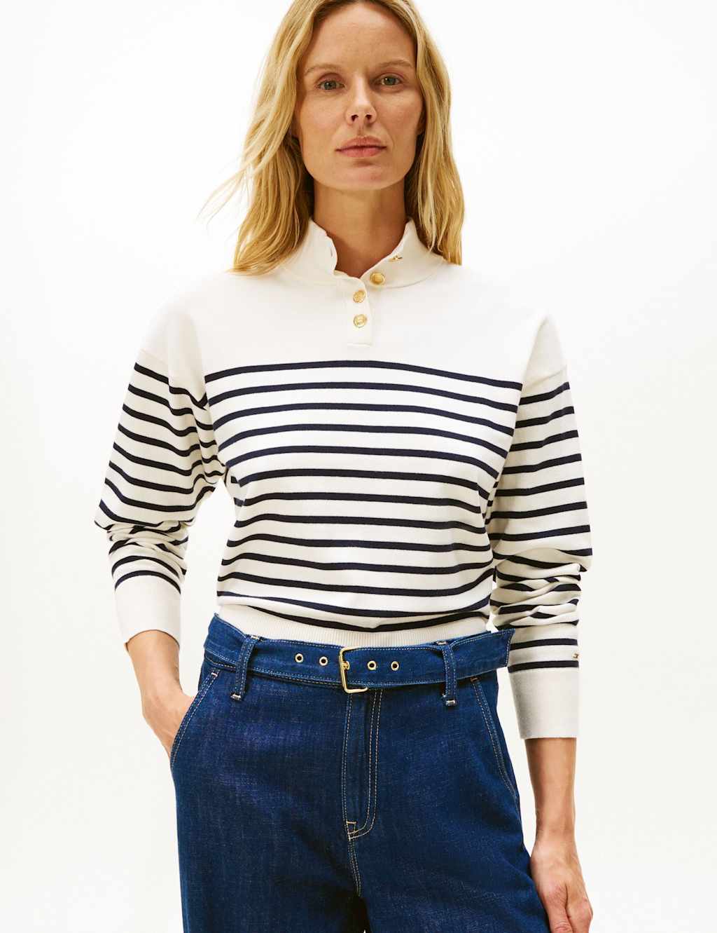 Tommy Hilfiger Cotton Rich Jersey Striped Funnel Neck Jumper White Mix