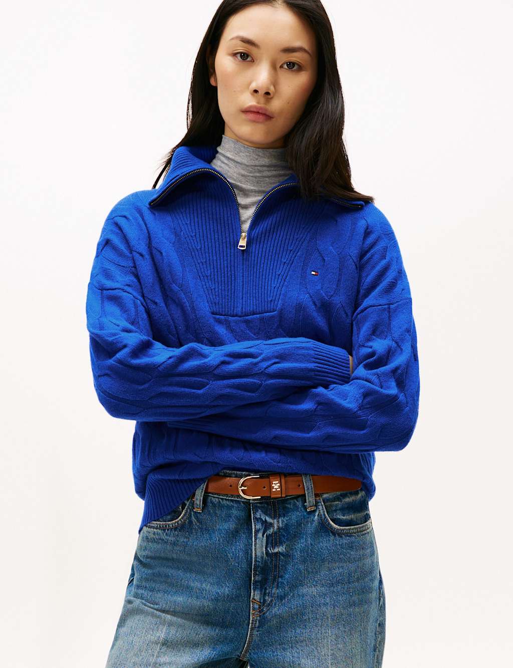 Tommy Hilfiger Pure Wool Cable Knit Half Zip Jumper Blue