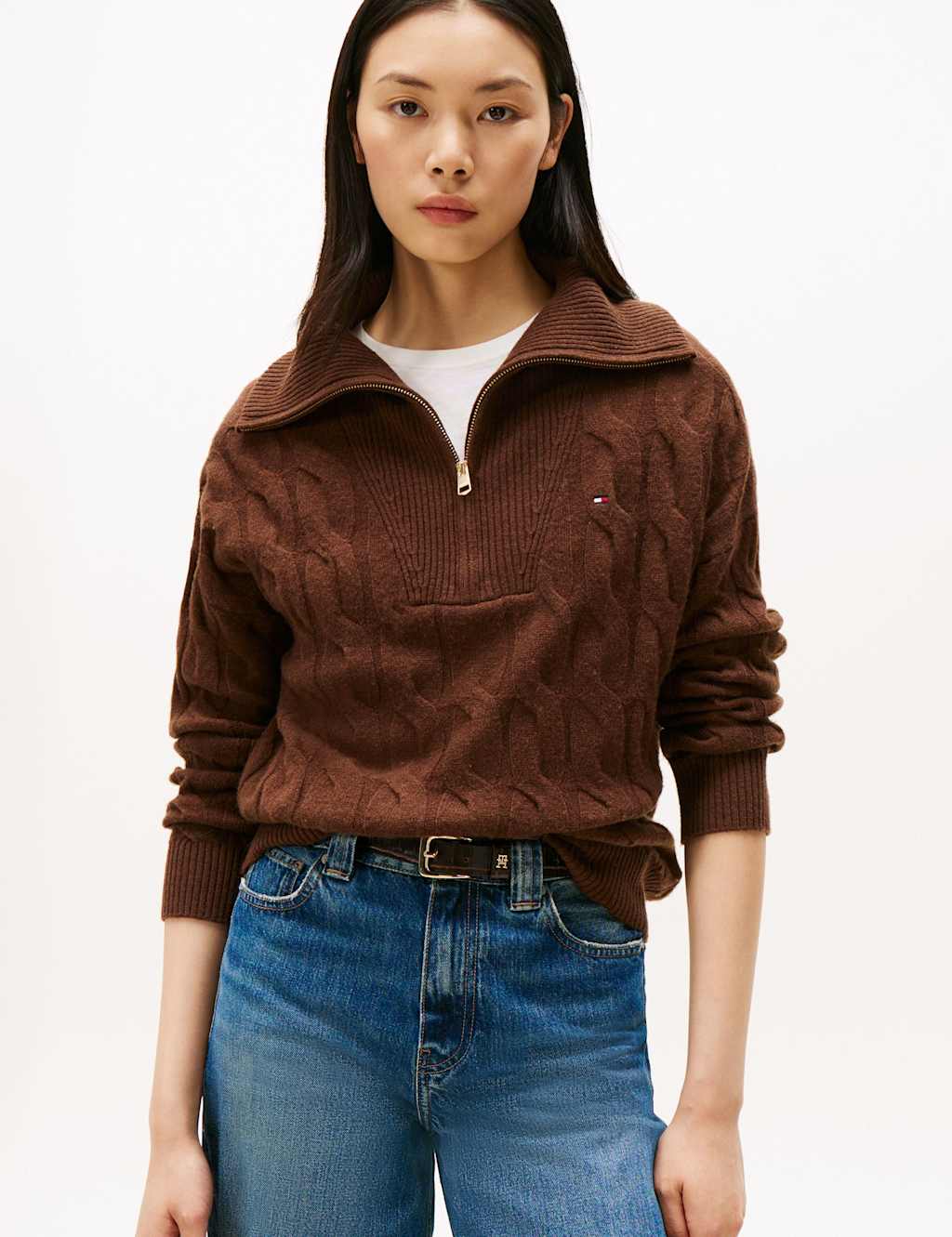 Tommy Hilfiger Pure Wool Cable Knit Half Zip Jumper Brown