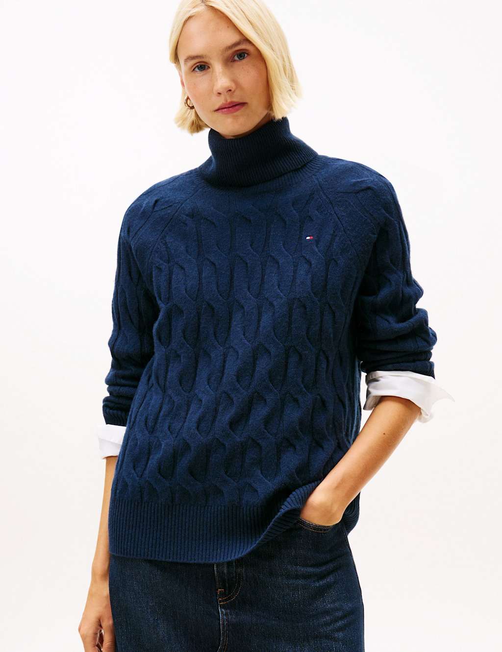 Tommy Hilfiger Pure Wool Cable Knit Roll Neck Knitted Top Navy