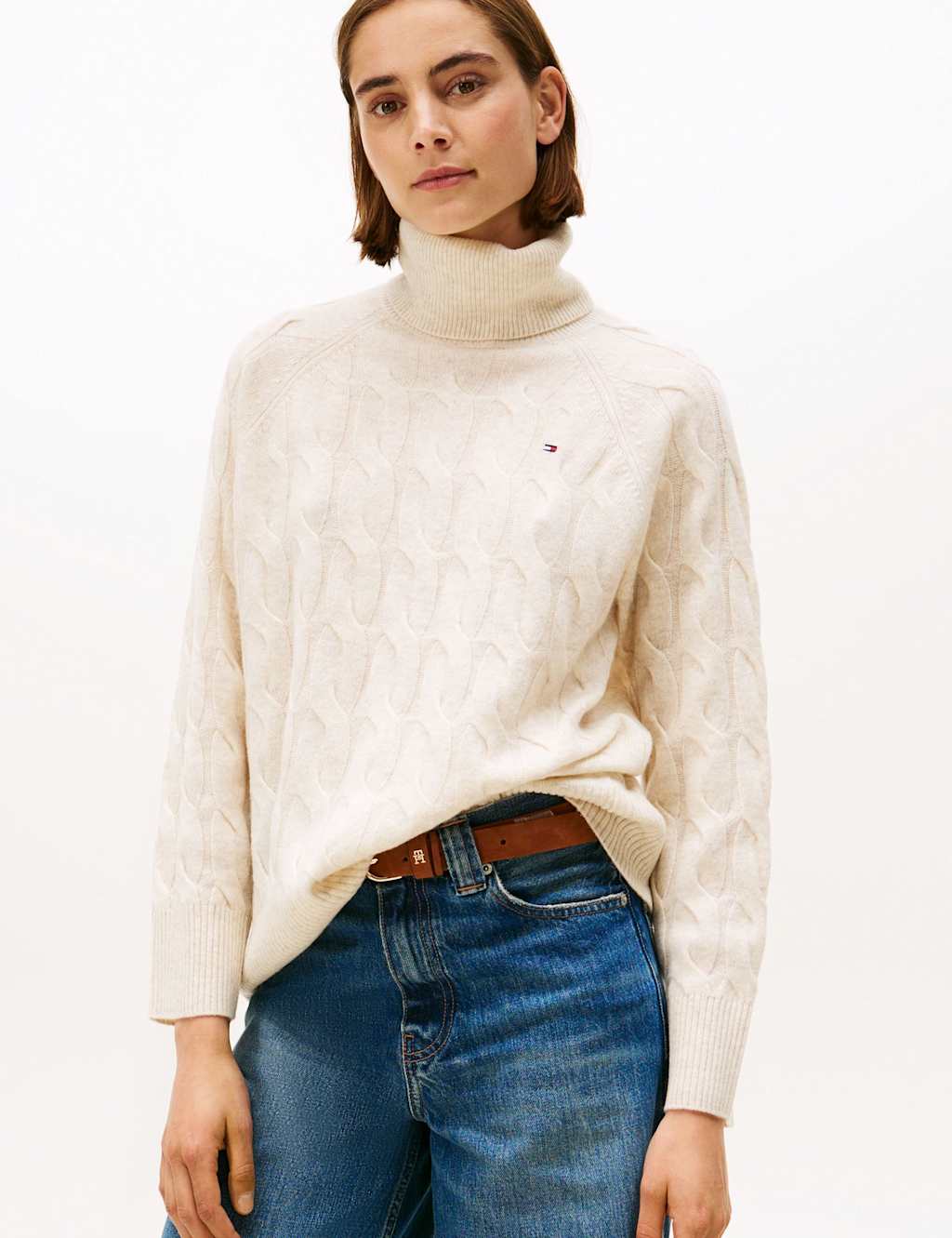 Tommy Hilfiger Pure Wool Cable Knit Roll Neck Knitted Top Cream