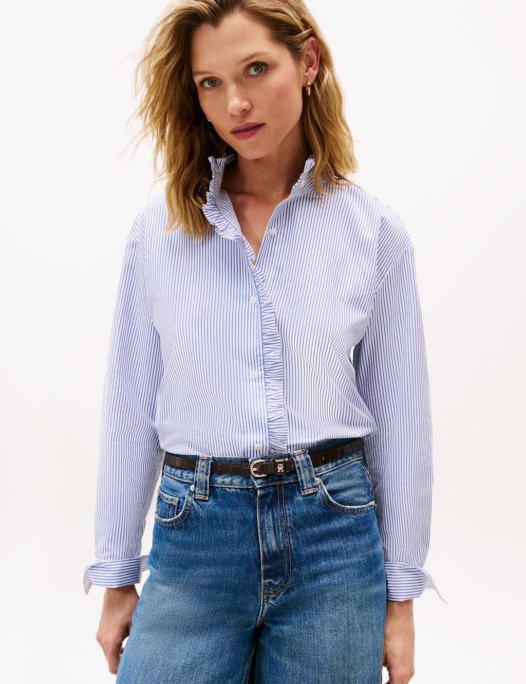 Tommy Hilfiger Pure Cotton Striped Ruffle Shirt Blue Mix