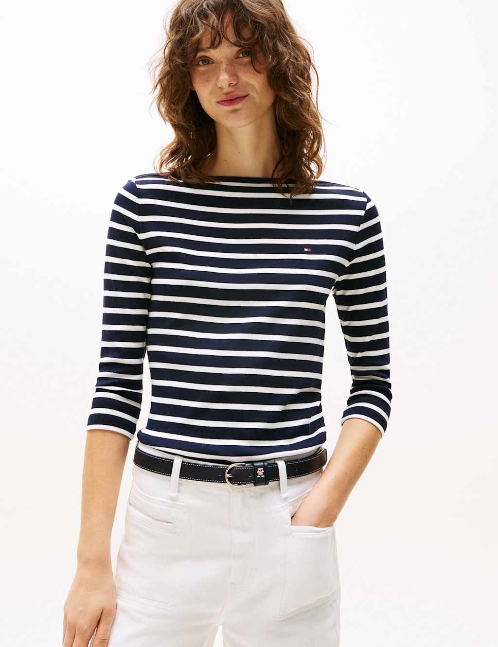Tommy Hilfiger Cody Pure Cotton Striped Slash Neck Top Navy Mix