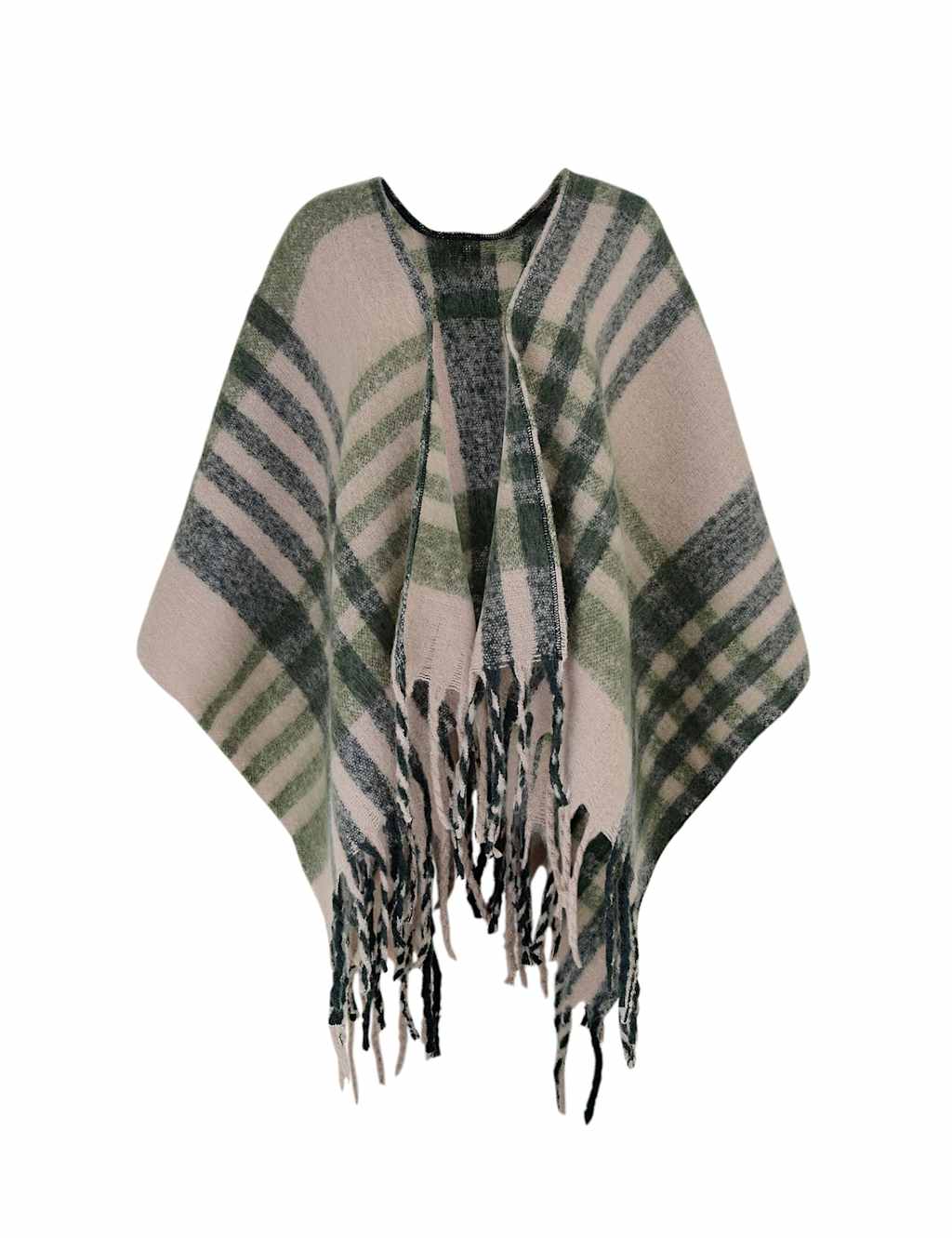 Radley Checked Fringed Poncho with Wool Beige