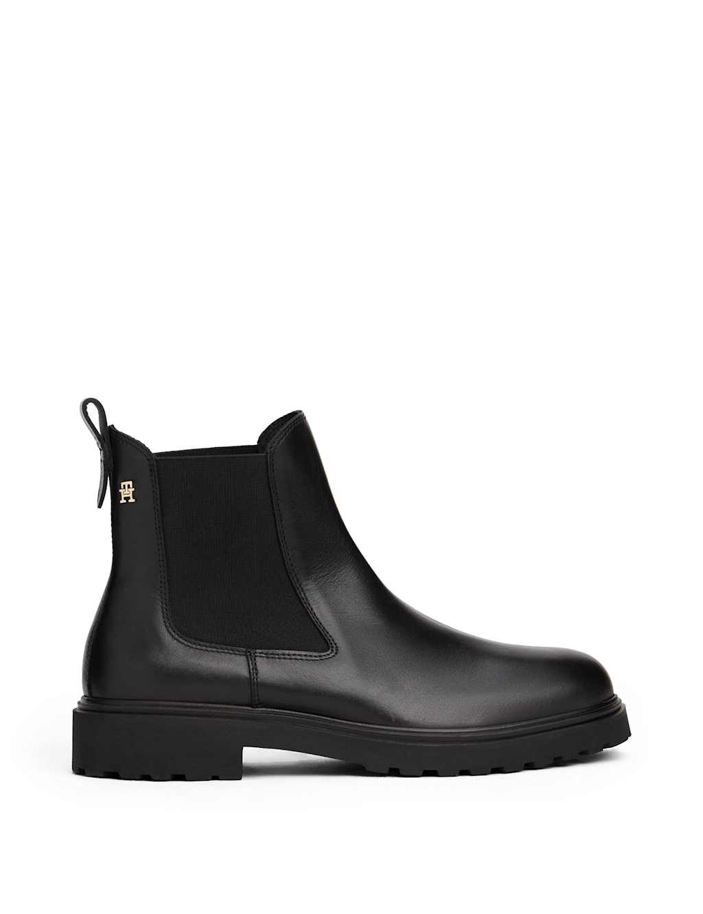 Tommy Hilfiger Leather Chelsea Cleated Block Heel Ankle Boots Black