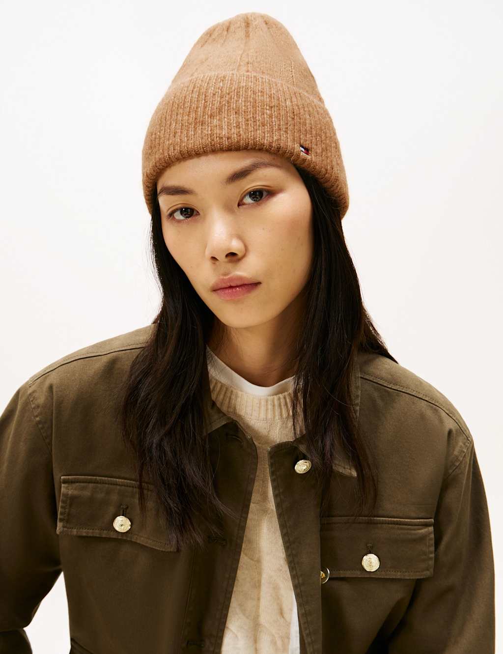 Tommy Hilfiger Knitted Textured Turn Up Beanie Hat with Wool Camel