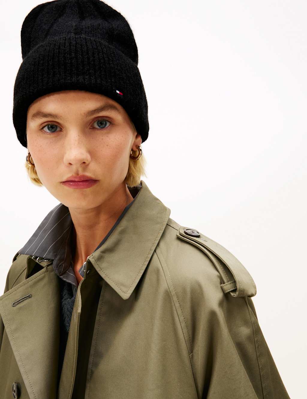 Tommy Hilfiger Knitted Textured Turn Up Beanie Hat with Wool Black