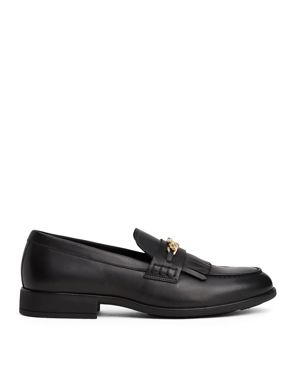 Tommy Hilfiger Leather Chain Detail Fringe Flat Loafers Black