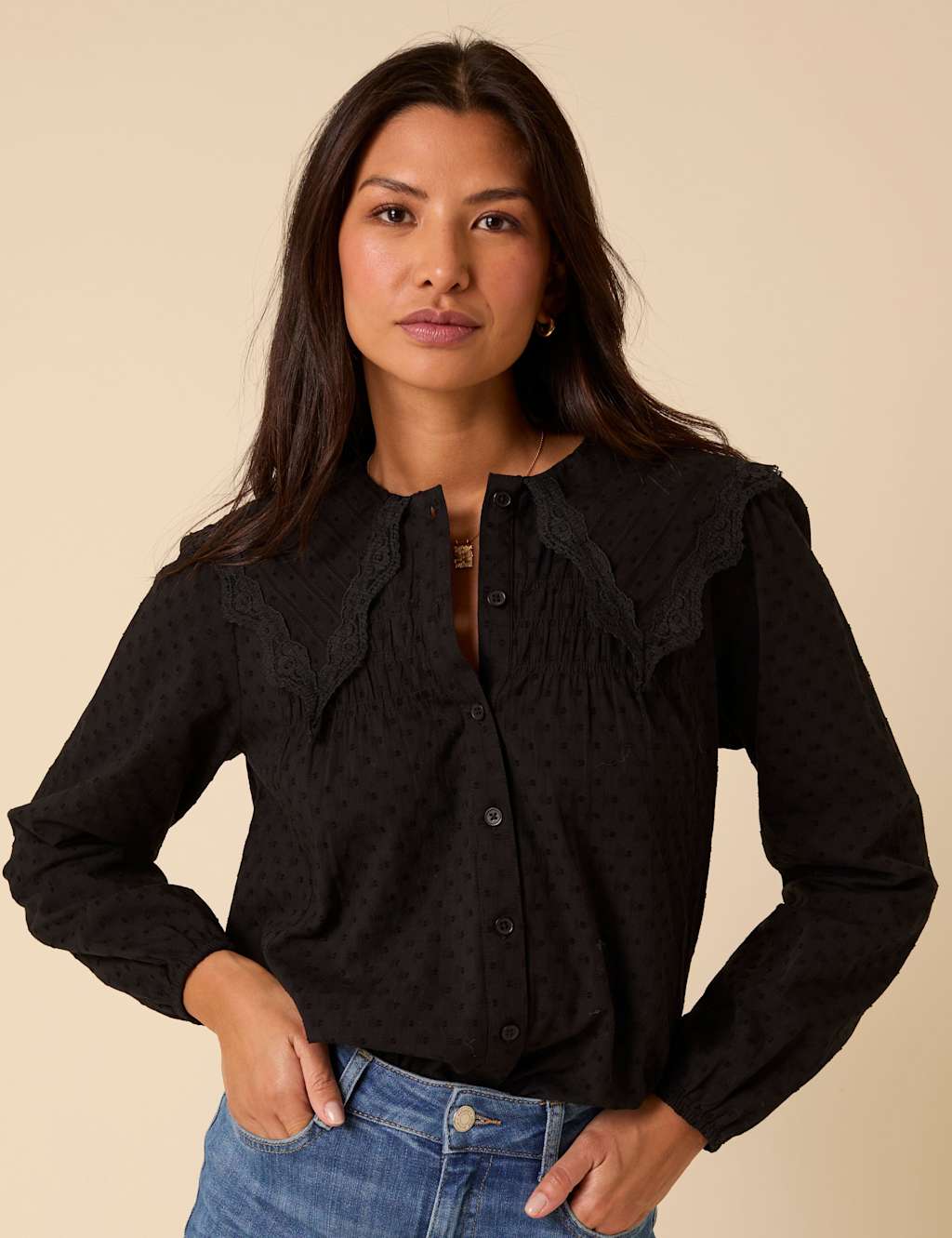 Nobody's Child Pure Cotton Embroidered Collared Blouse Black