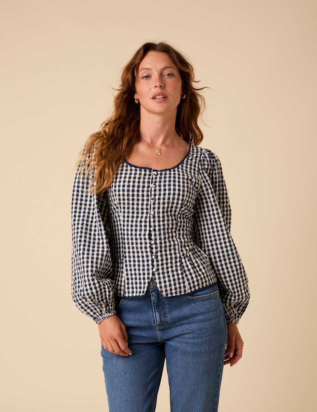 Nobody's Child Pure Cotton Scoop Neck Button Through Blouse Navy Mix