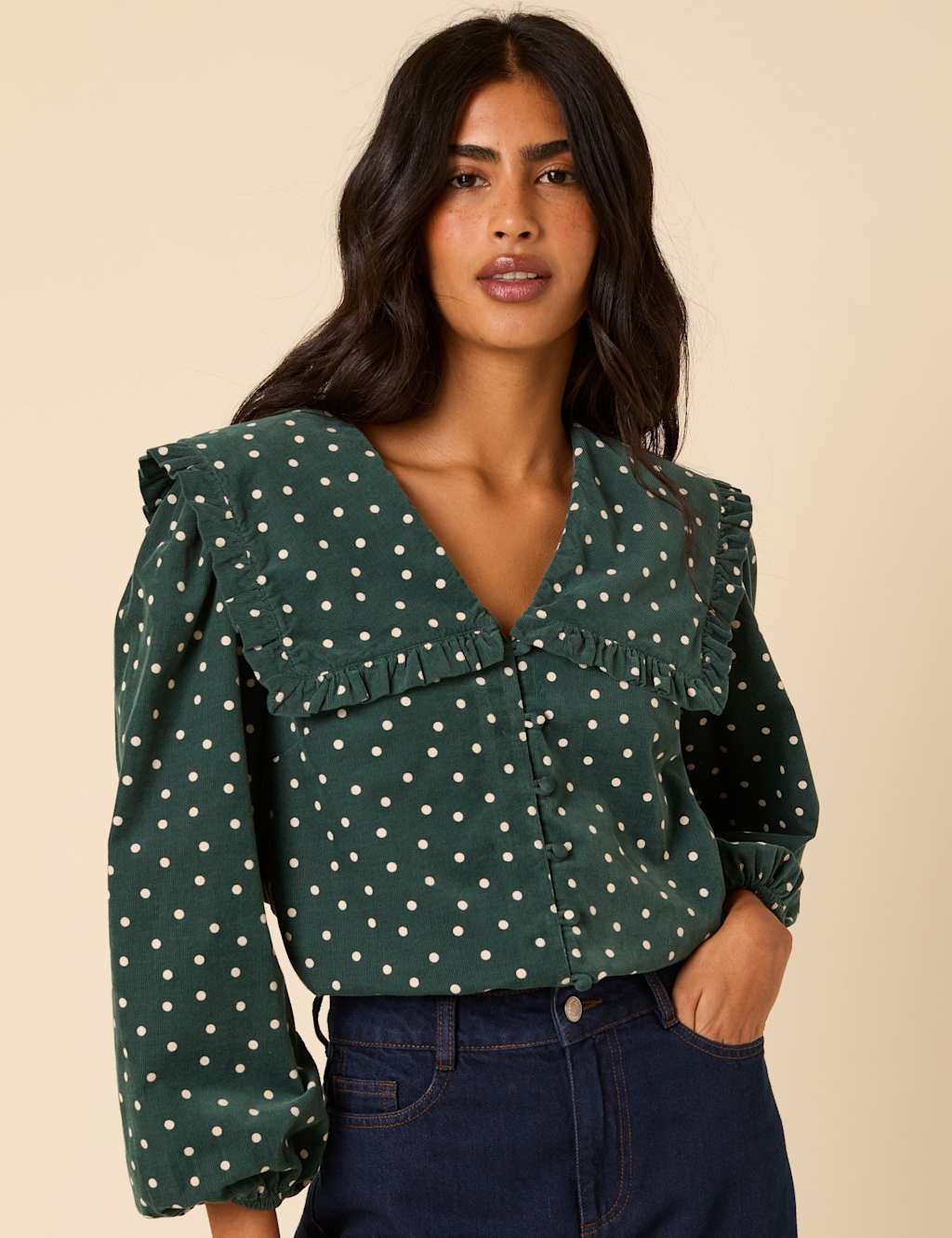 Nobody's Child Pure Cotton Cord Embroidered Collared Blouse Green Mix