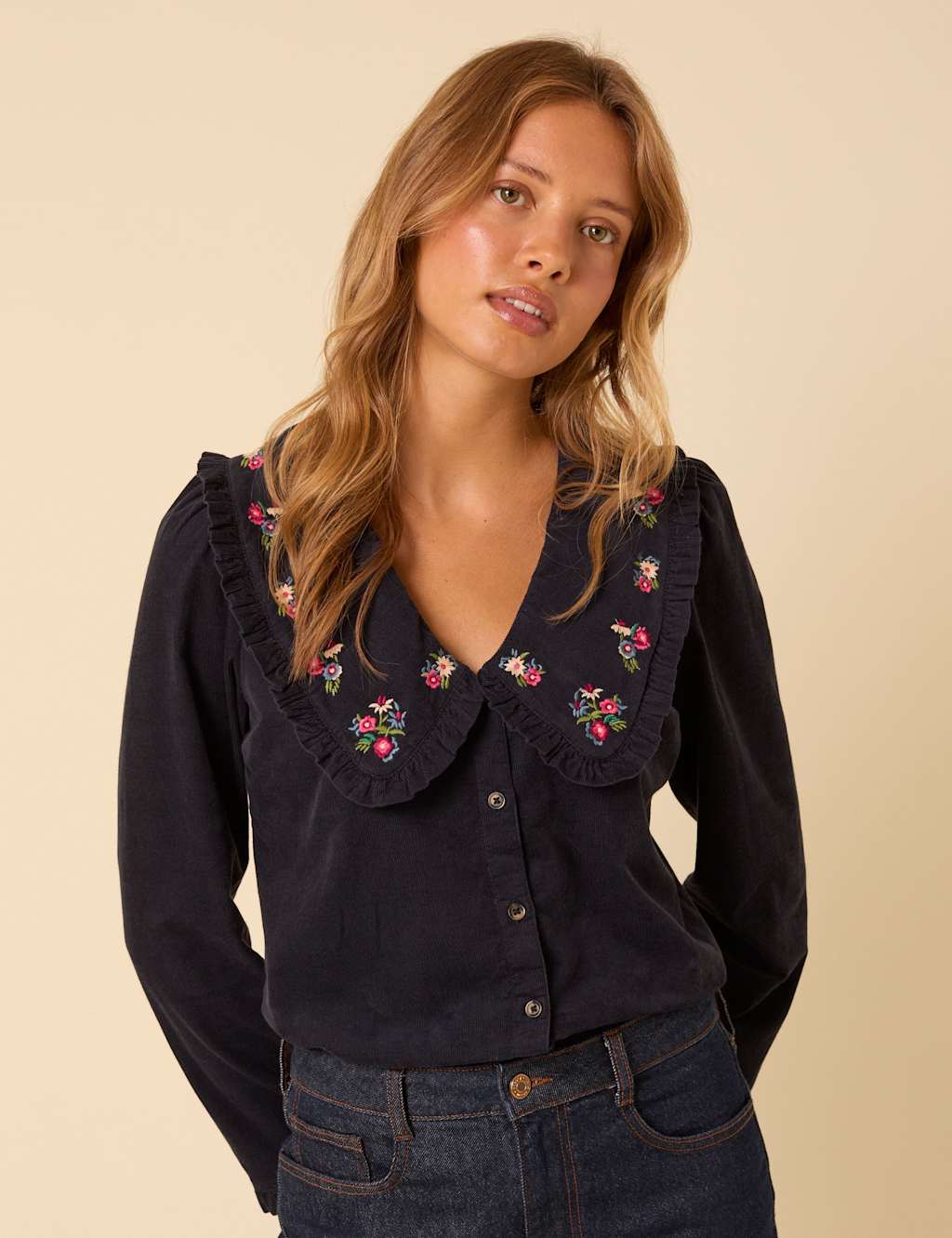 Nobody's Child V-Neck Floral Embroidered Blouse Blue