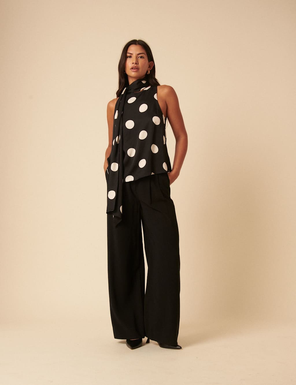 Nobody's Child Polka Dot Scarf Detail Tank Top White/Black