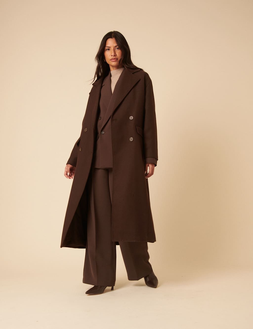 Nobody's Child Wool Blend Relaxed Double Breasted Coat Brown