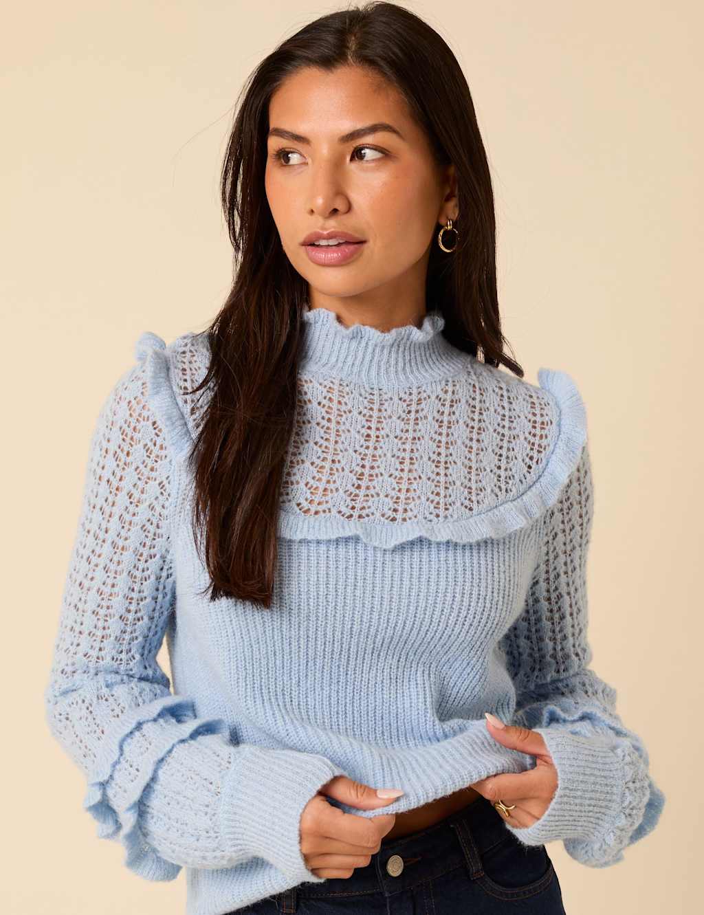 Nobody's Child Ruffle Pointelle Jumper with Wool and Alpaca Blue