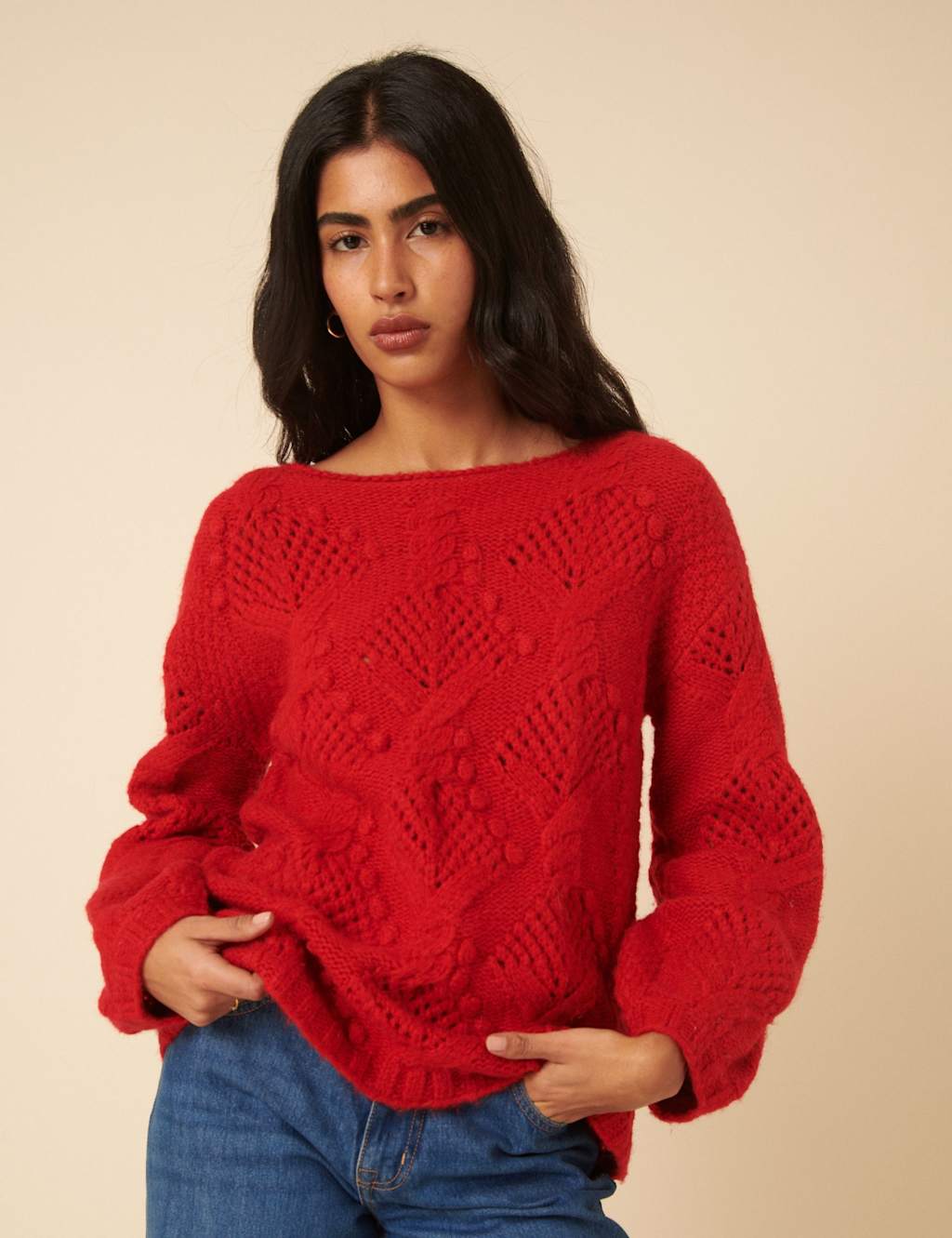 Nobody's Child Textured Slash Neck Relaxed Jumper Red