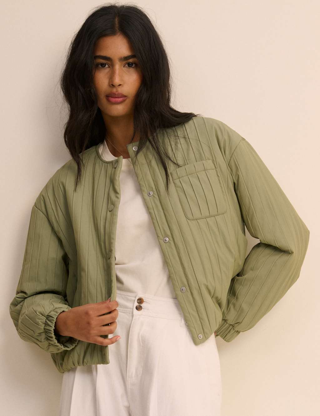 Nobody's Child Women's Quilted Collarless Bomber Jacket - Medium - Green - Available at M&S
