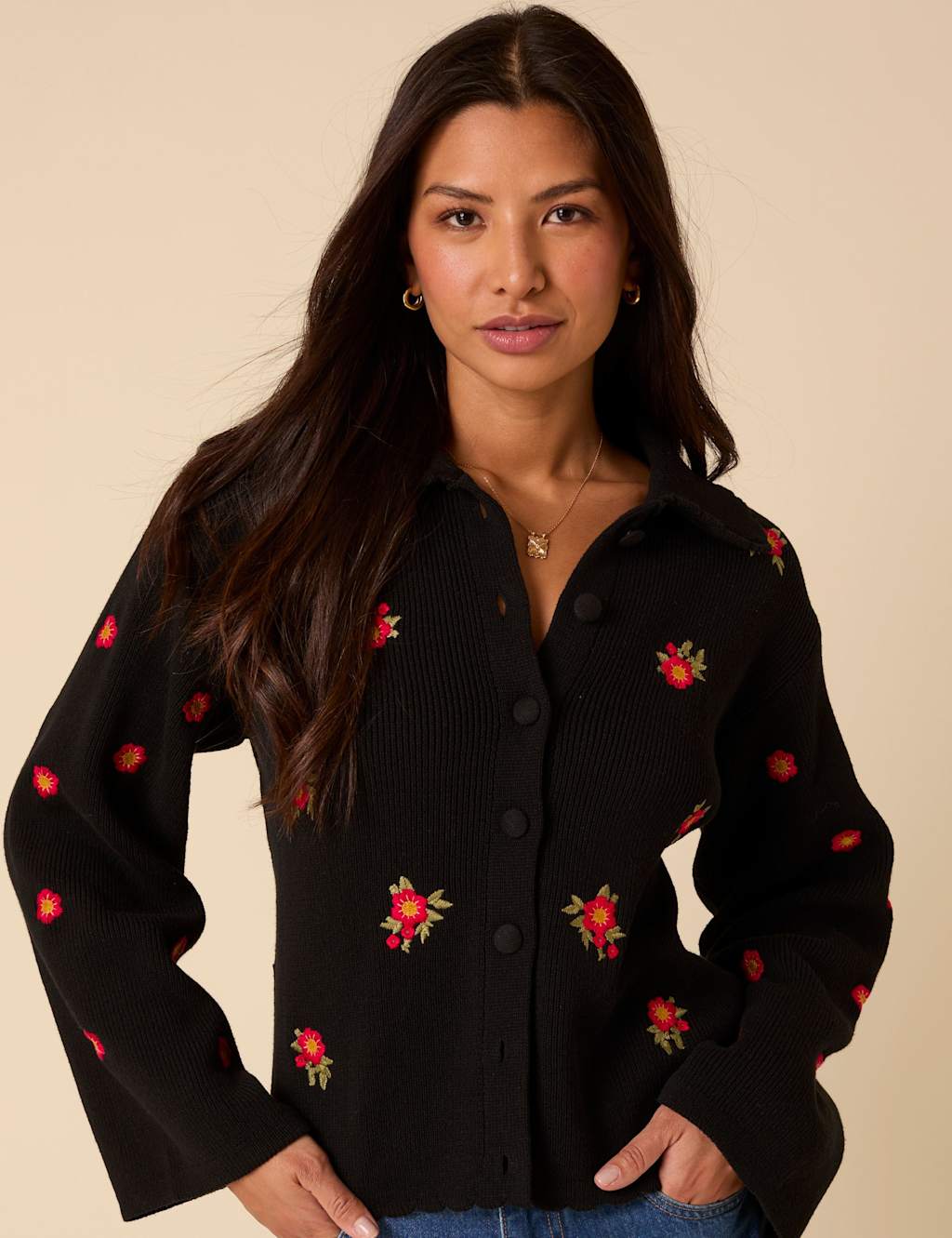 Nobody's Child Women's Cotton Rich Embroidered Collared Cardigan - S - Black Mix, Black Mix
