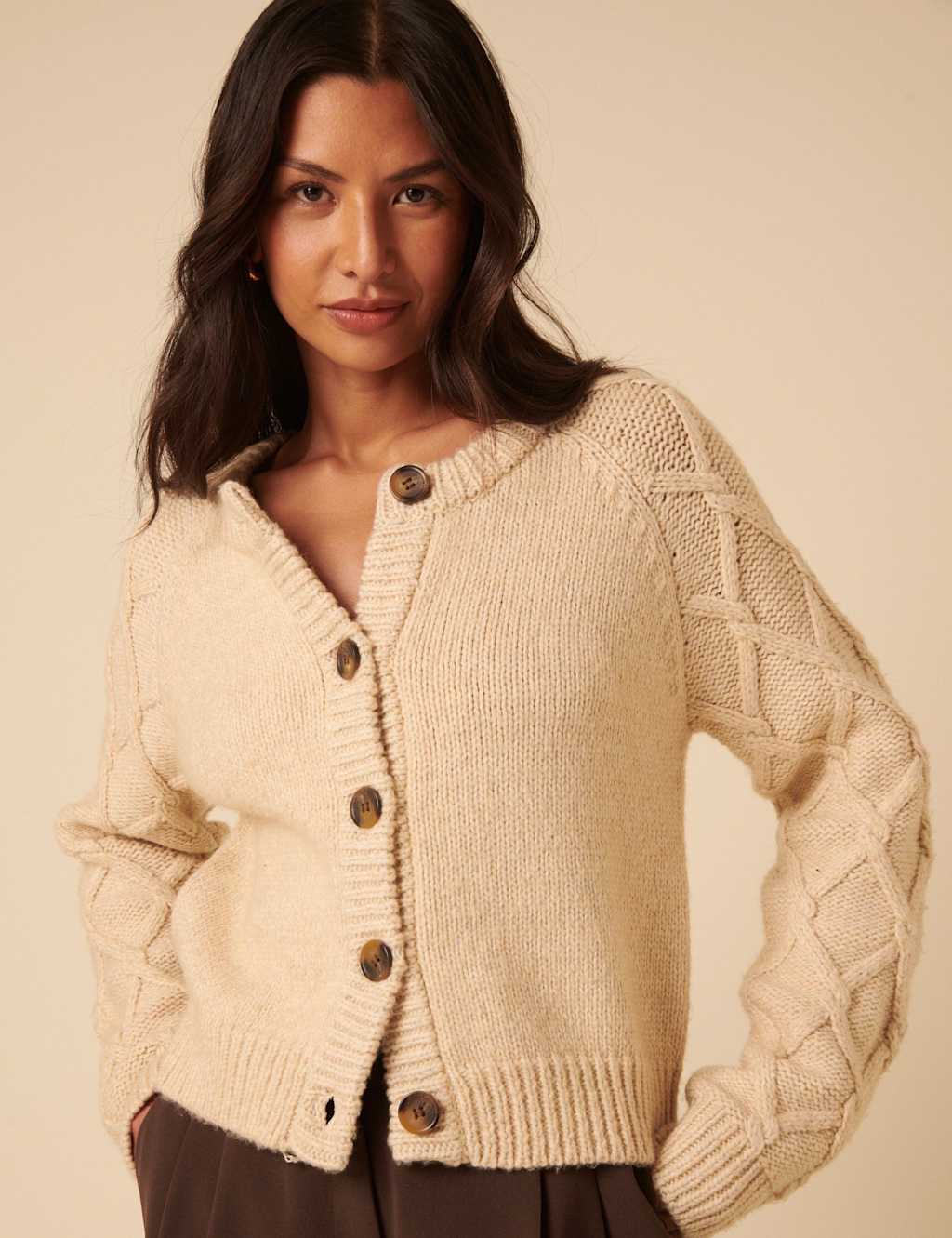 Nobody's Child Cable Knit Crew Neck Relaxed Cardigan Beige