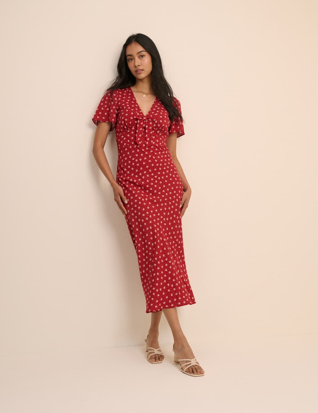 Nobody's Child Women's Floral V-Neck Bow Detail Midi Tea Dress - 10 - Red - Available at M&S