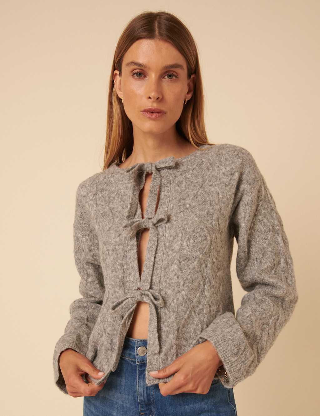 Nobody's Child Women's Cable Knit Tie Front Relaxed Cardigan - S - Grey, Pink,Grey