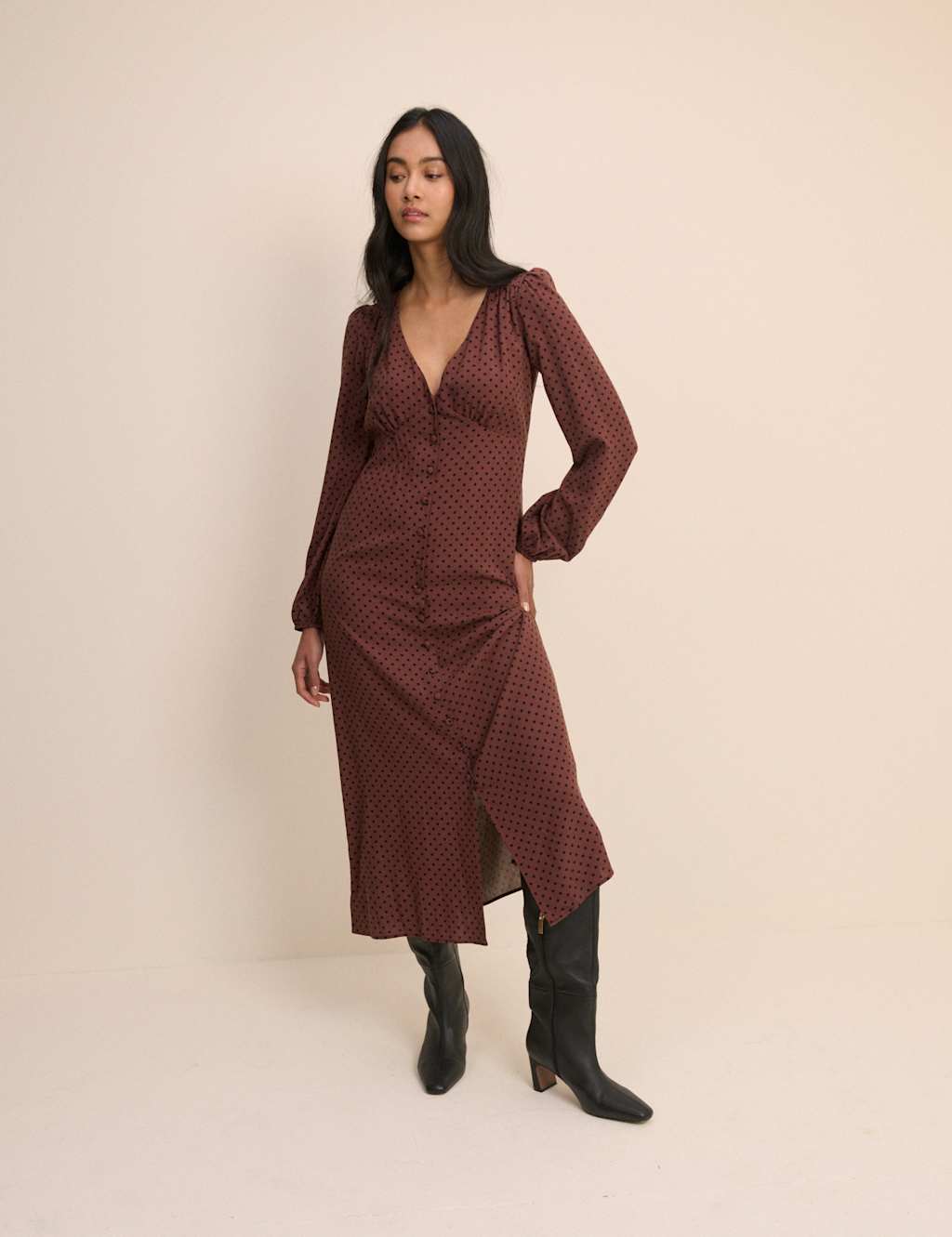 Nobody's Child Women's Polka Dot V-Neck Midi Dress - 10 - Brown - Available at M&S