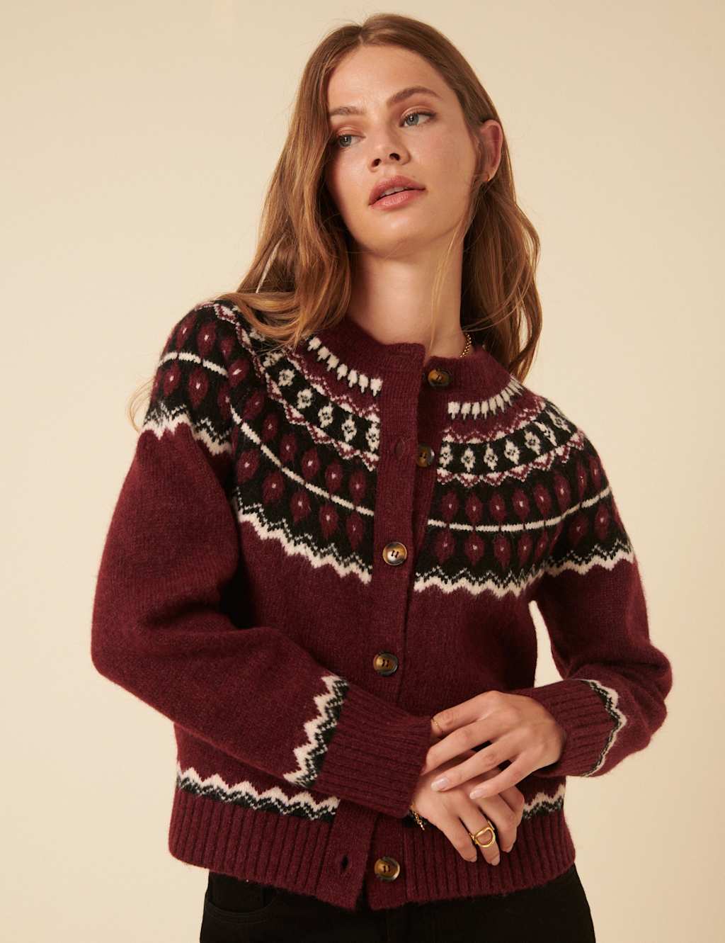 Nobody's Child Fair Isle Crew Neck Cardigan with Wool Red Mix