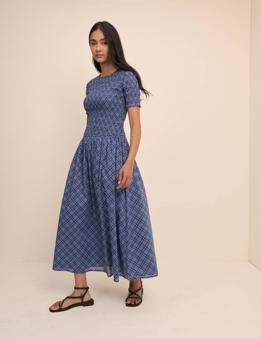 Nobody's Child Women's Pure Cotton Checked Midaxi Smock Dress - 10 - Blue - Available at M&S