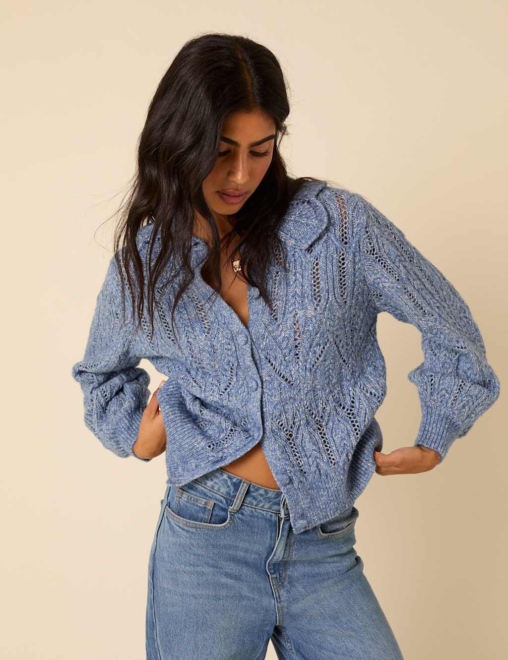 Nobody's Child Cotton Rich Pointelle Collared Cardigan Blue