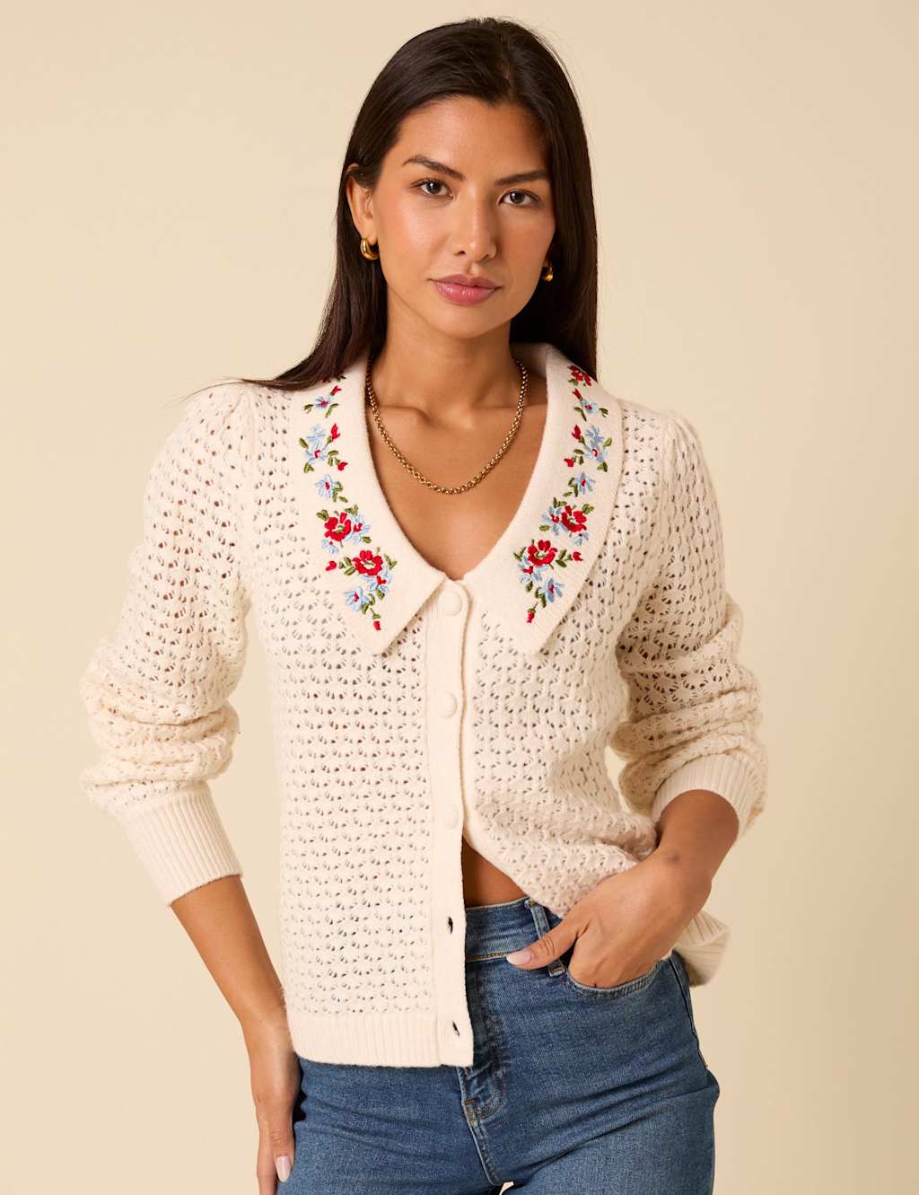 Nobody's Child Women's Pointelle Embroidered Collared Cardigan - S - Ivory Mix, Ivory Mix