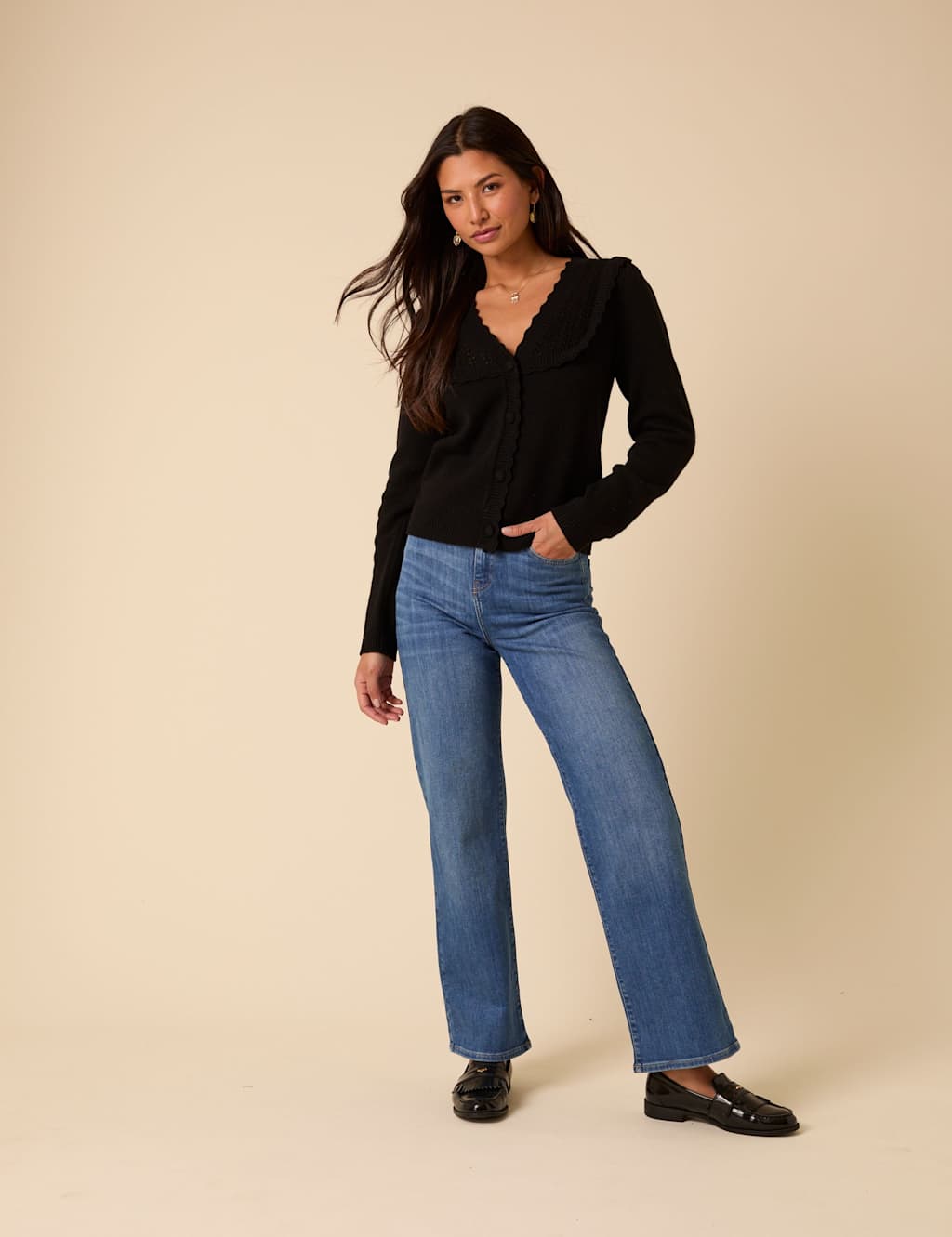 Nobody's Child Wool Blend Pointelle Scallop Edge Cardigan Black