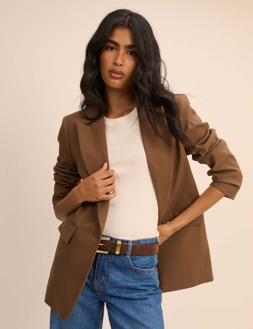 Nobody's Child Women's Relaxed Single Breasted Blazer with Wool - 6 - Brown - Available at M&S