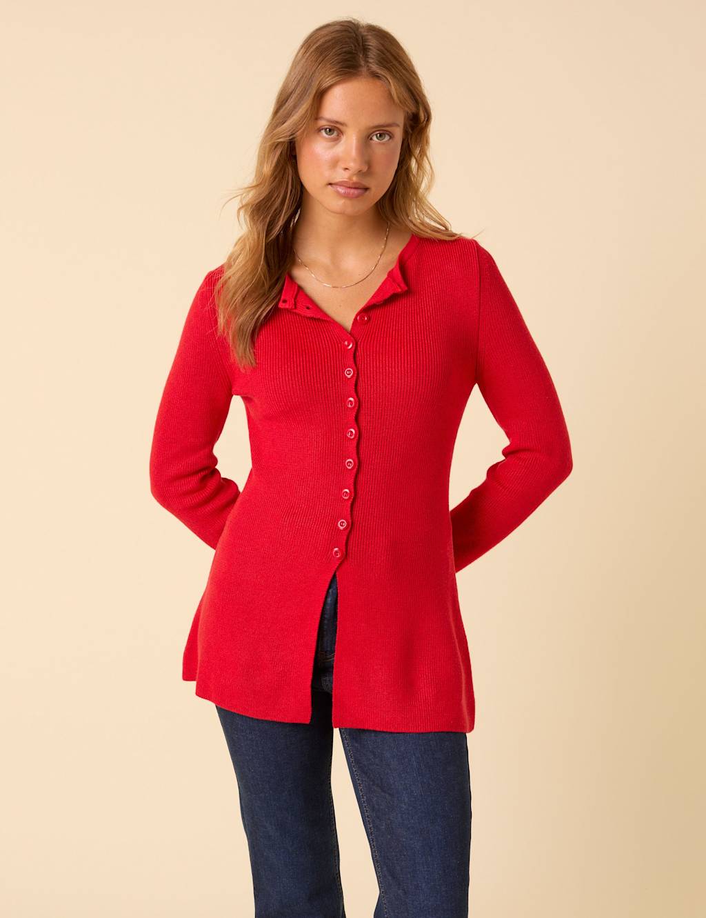 Nobody's Child Ribbed Waisted Longline Cardigan Red