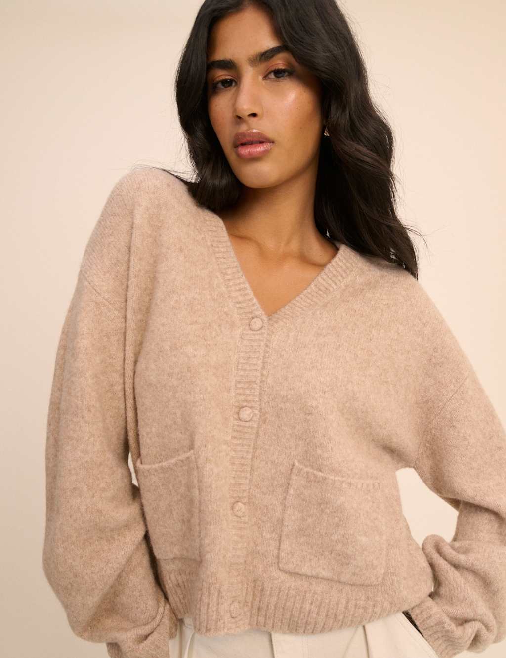 Nobody's Child Women's V-Neck Relaxed Cardigan with Wool - Small - Cream - Available at M&S