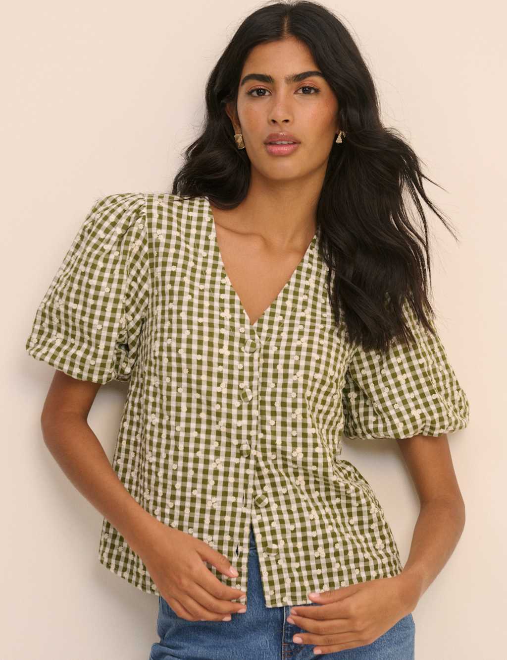 Nobody's Child Women's Pure Cotton Checked Embroidery V-Neck Blouse - 8 - Green - Available at M&S