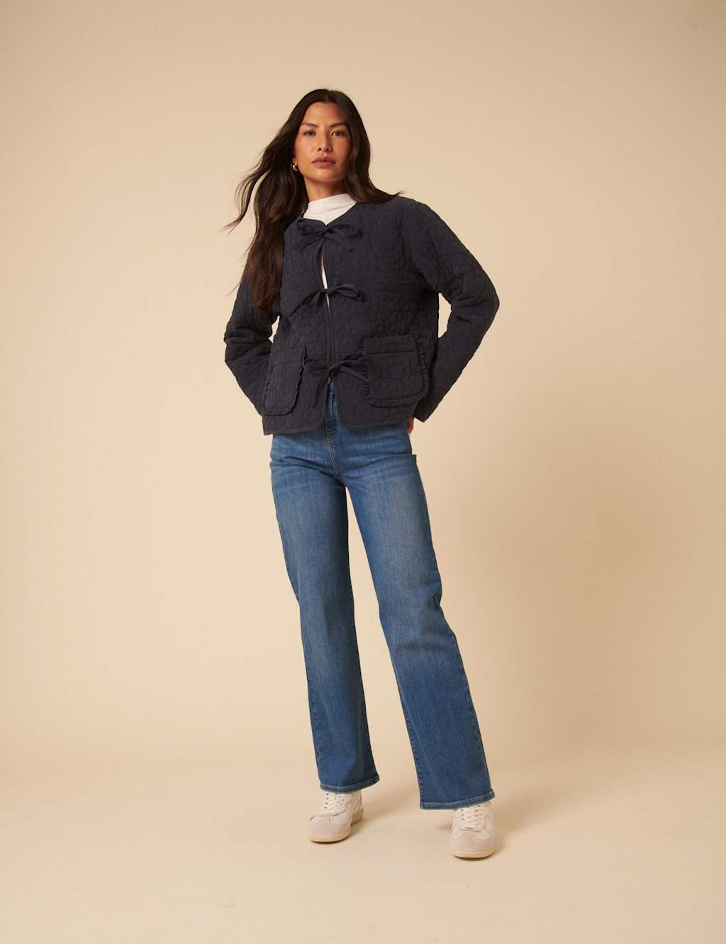 Nobody's Child Pure Lyocell Tie Front Quilted Bomber Jacket Navy