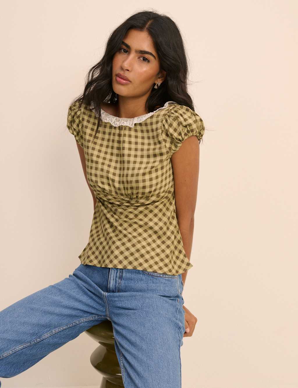 Nobody's Child Women's Checked Lace Detail Top - 16 - Green - Available at M&S