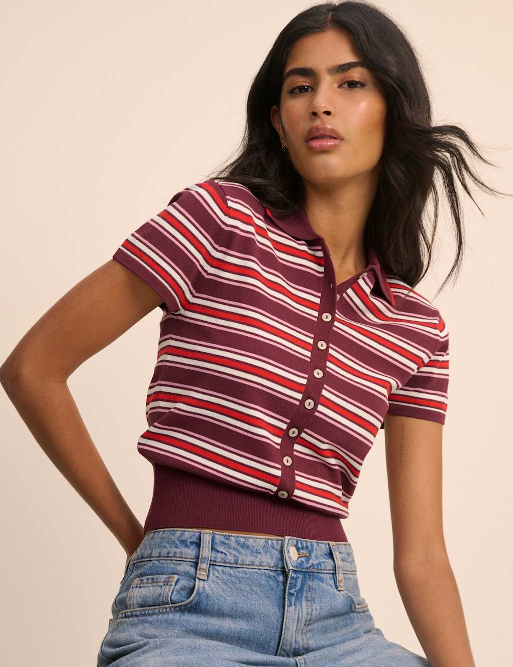 Nobody's Child Women's Striped Polo Neck Waisted Knitted Top - Extra Small - Multi - Available at M&S