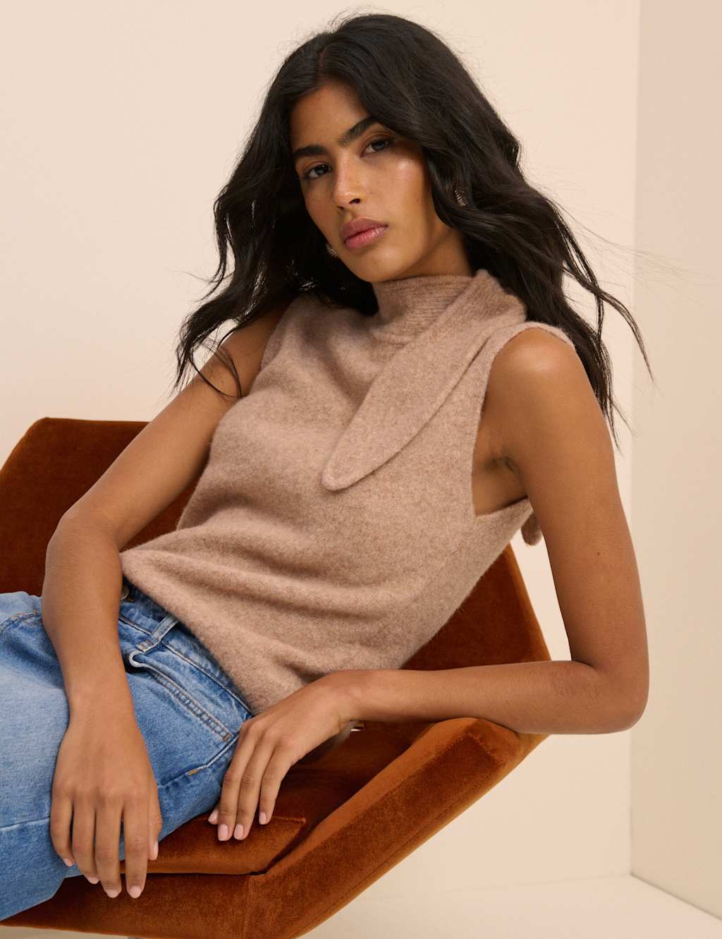Nobody's Child Women's Wool Rich Tie Neck Knitted Vest - Small - Brown - Available at M&S