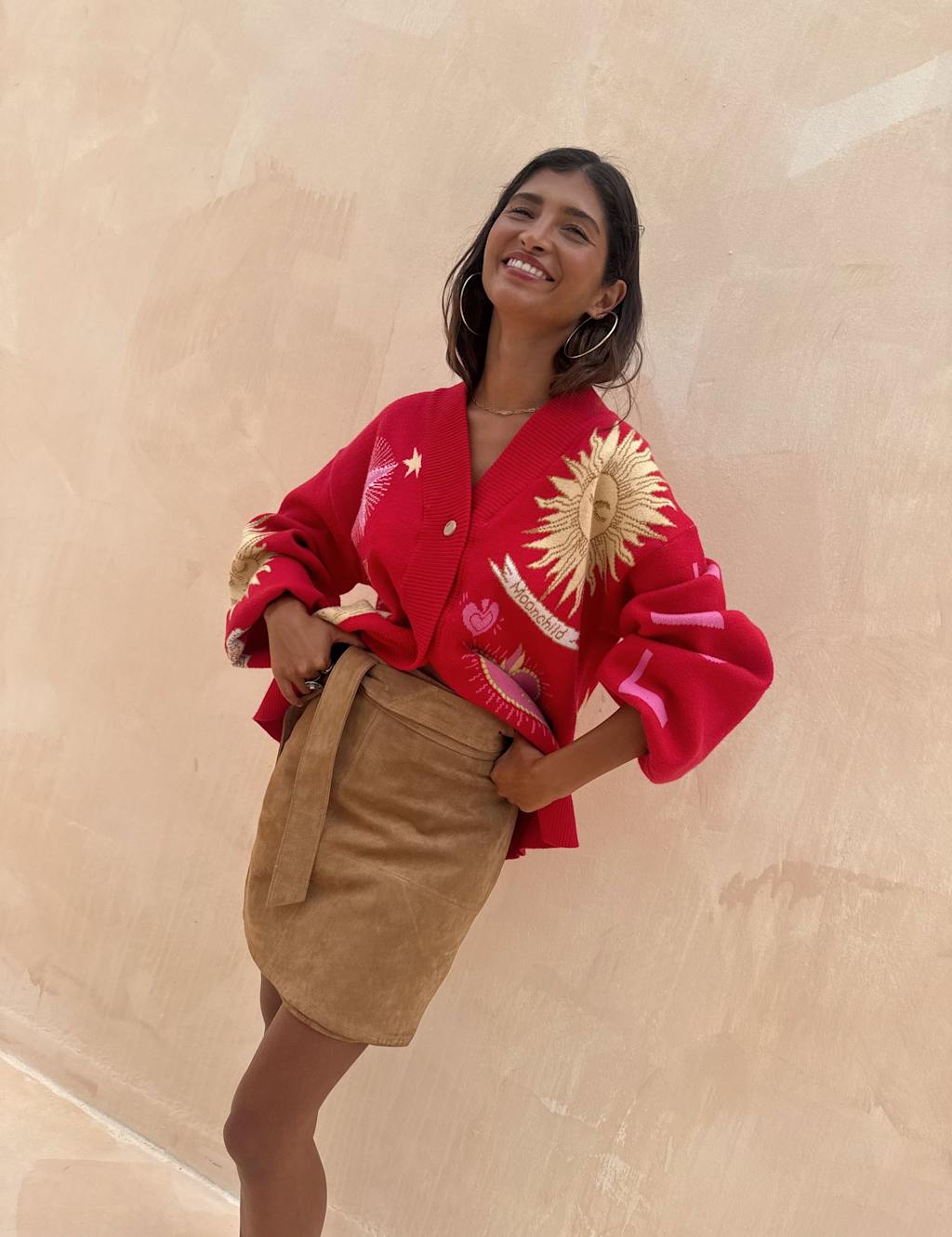 Never Fully Dressed Celestial Jacquard V-Neck Relaxed Cardigan Red Mix