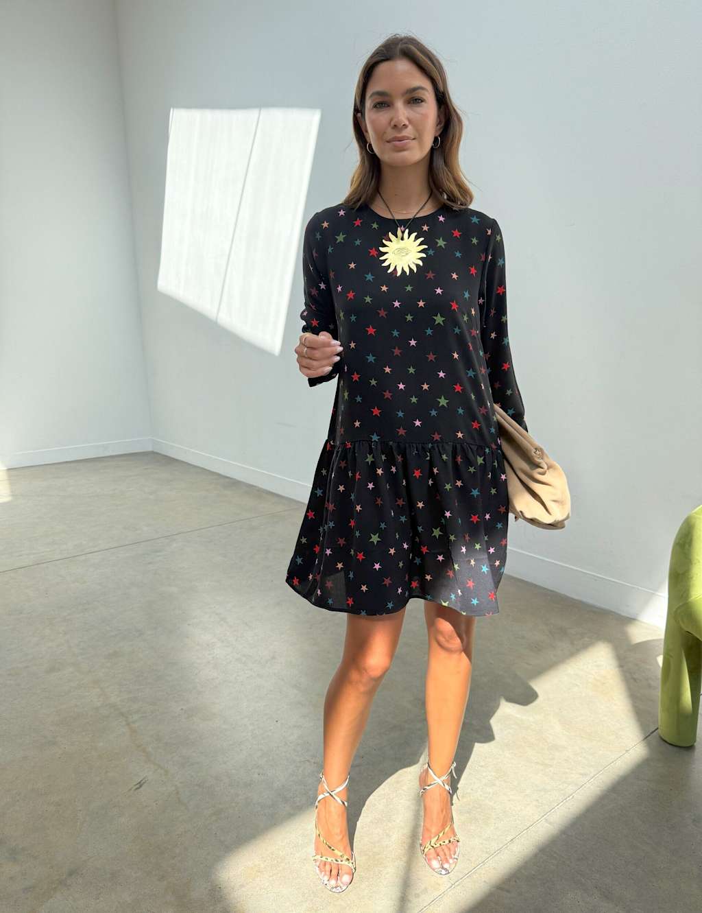 Never Fully Dressed Star Print Round Neck Mini Drop Waist Dress Black Mix