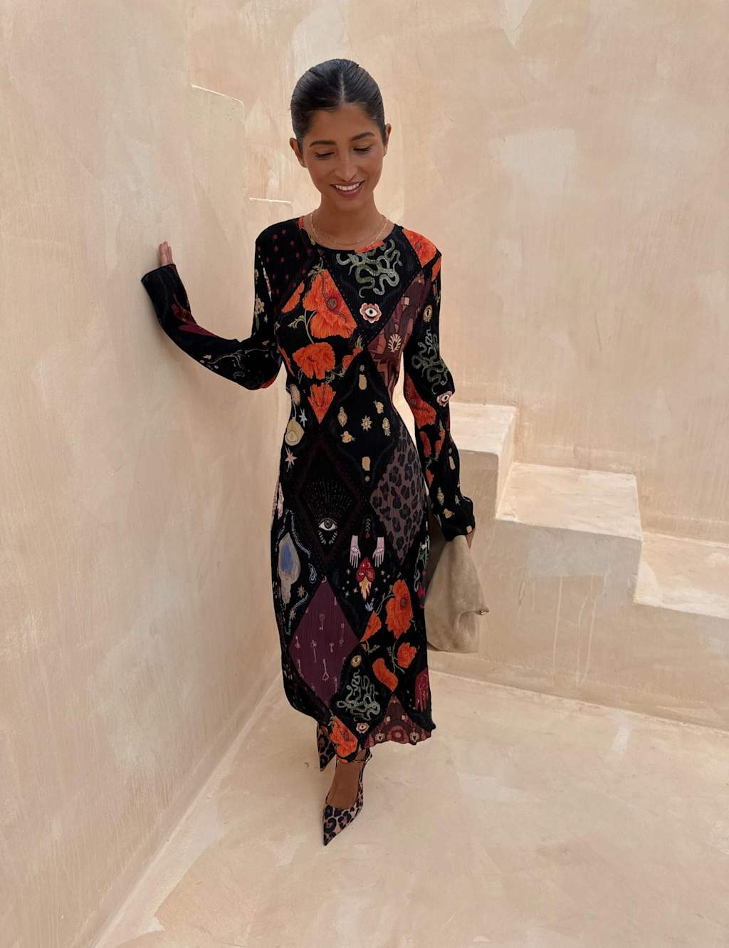 Never Fully Dressed Plisse Floral Round Neck Midaxi Waisted Dress Black